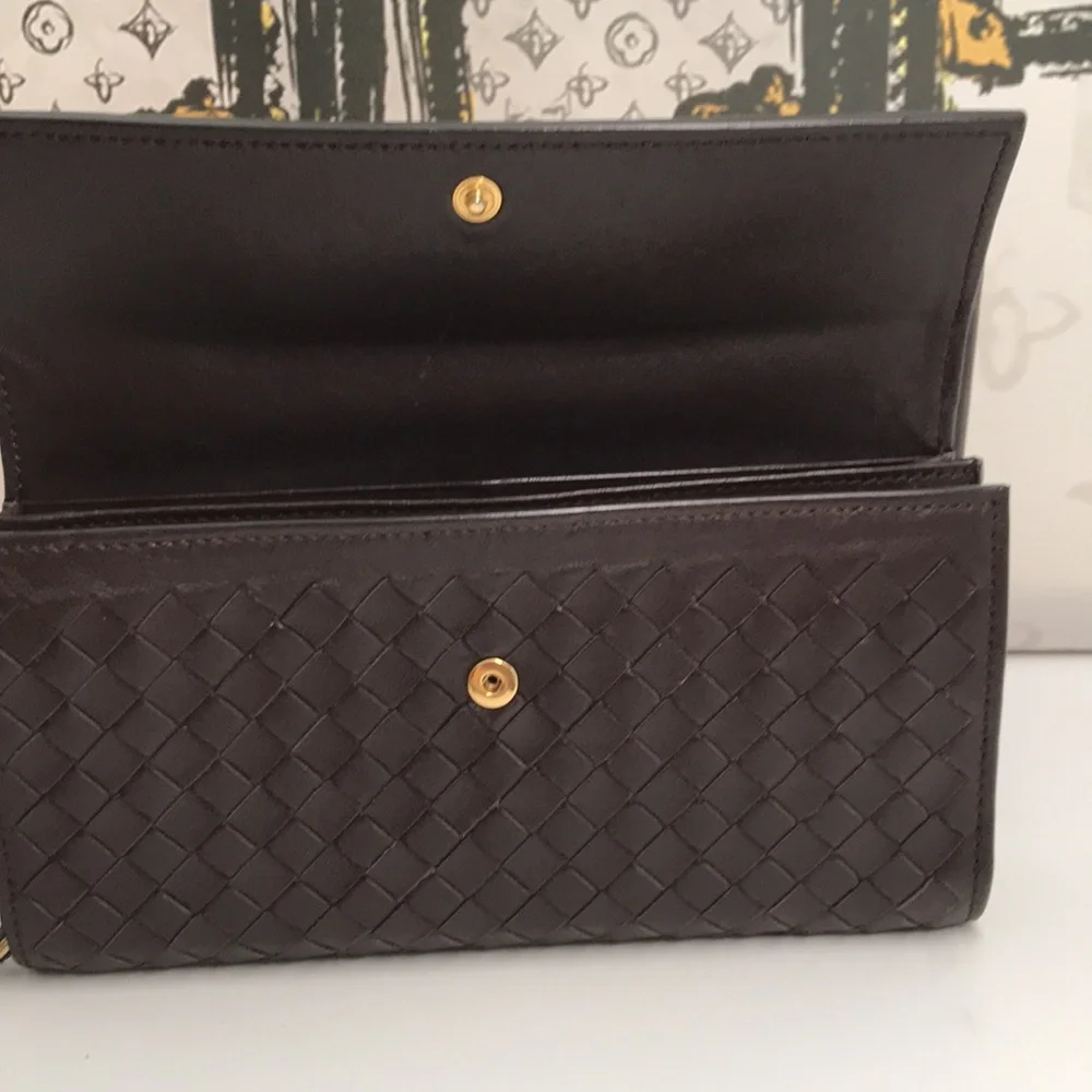 New Bottega Veneta Leather Wristlet Checkbook Wallet – Brown/Black
